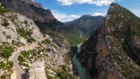 road passing along the river canyon verdon gorges aerial shot france sunny day