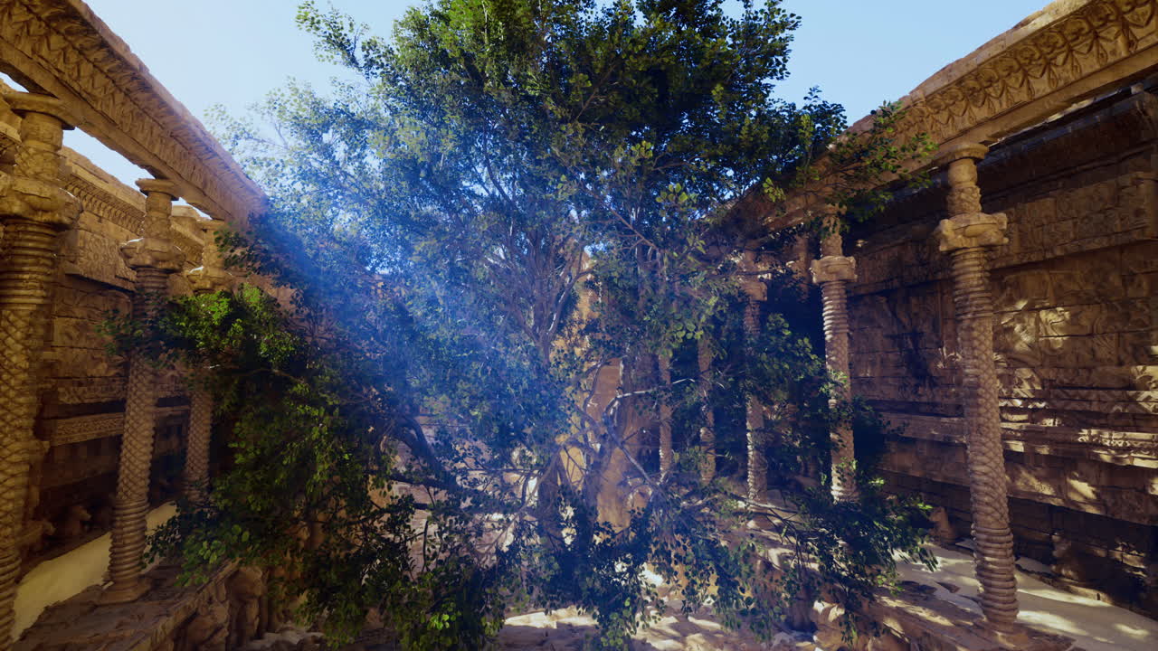 Intricate ancient architecture with a large tree in a sunlit courtyard