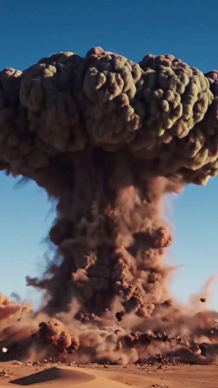 Eine atemberaubende visuelle Reise von einem anfänglichen Feuer zu einem gewaltigen Ausbruch: Spektakuläre Transformation in einer Wüstenlandschaft auf Film festgehalten