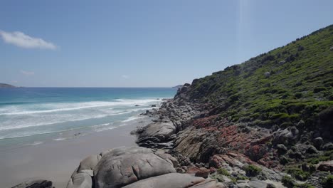 Boulders-And-Waves-At-Whisky-Bay-In-Wilsons-Prom,-Victoria,-Australia---aerial-shot