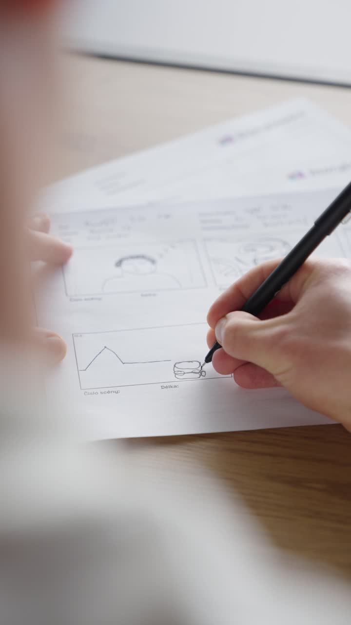 disparo vertical sobre el hombro del dibujo del artista en una hoja de guión gráfico blanca