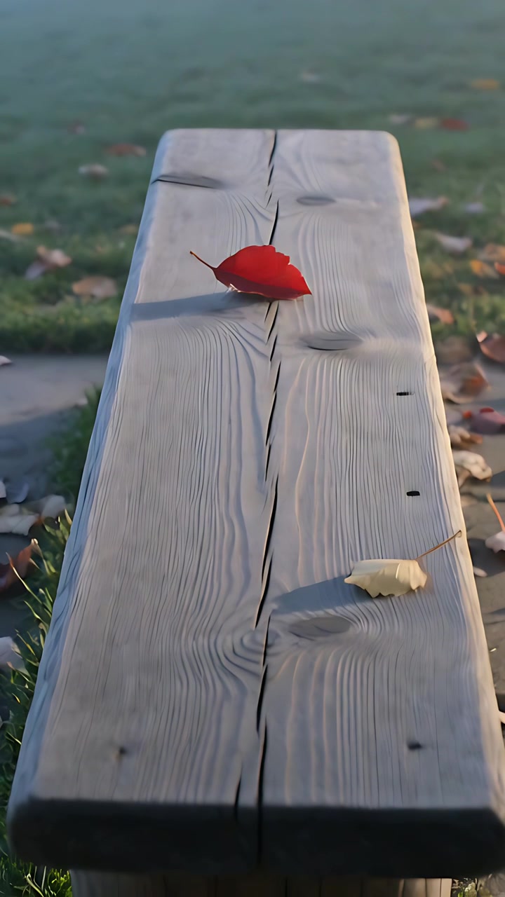 Vertical video: Light gust lifting tiny red leaf, turning, tilting upright on bench at park