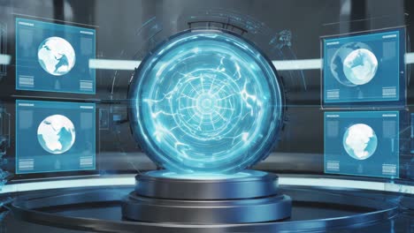 futuristic global communication hub with energy core and holographic earth displays