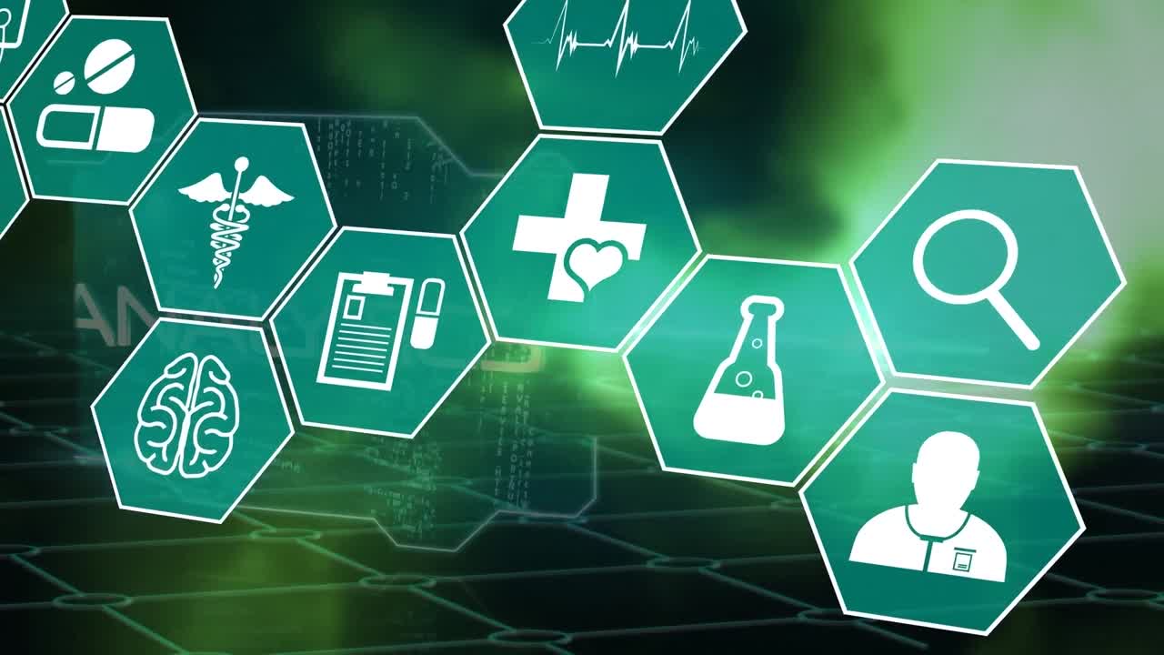 녹색 디지털 공간 위에 육각형으로 과학 아이콘의 애니메이션