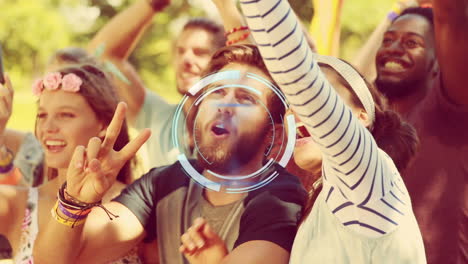 neon round scanner against biracial couple taking a selfie at a concert