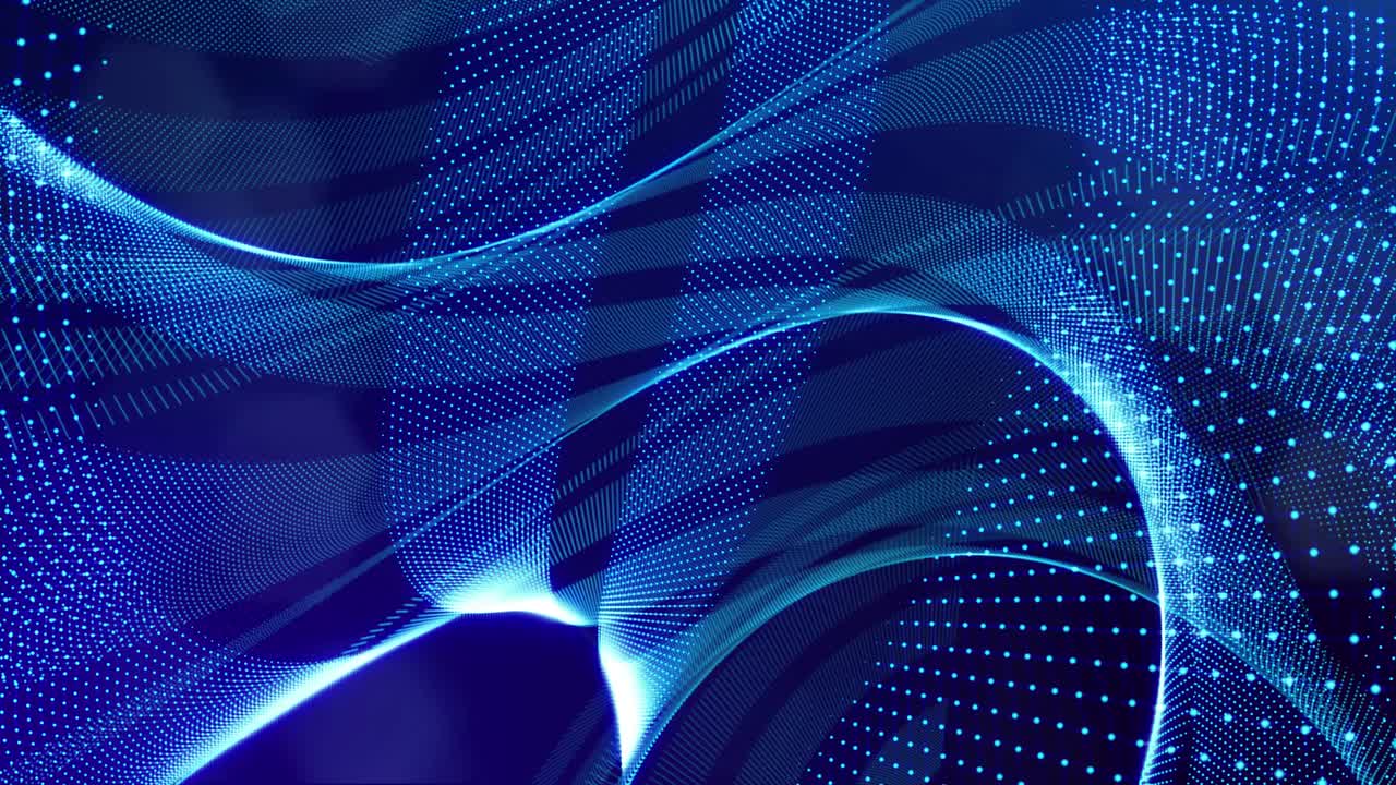 blue high tech bg with glow particles form complex spiral structure. 3d looped sci-fi bg digital space, particles form lines and surface waves. Concept of hi-tech information flow, blockchain. DOF