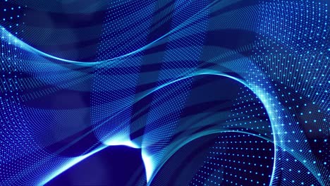 blue high tech bg with glow particles form complex spiral structure. 3d looped sci-fi bg digital space, particles form lines and surface waves. concept of hi-tech information flow, blockchain. dof