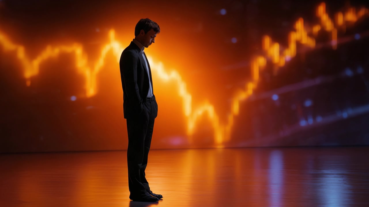 Contemplando i numeri: un uomo d'affari riflette sulle tendenze finanziarie in un ambiente di mercato dinamico e rappresentazione visiva dei dati