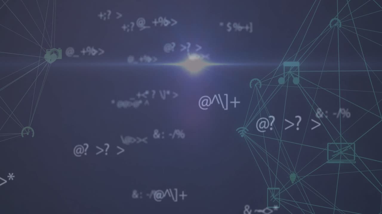 여러 가지 변하는 기호와 파란색 배경에 회전하는 디지털 아이콘의 두 개의 세계