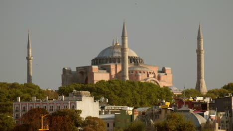 Clip-Estático-De-La-Hora-Dorada-De-La-Mezquita-Hagia-Sophia-Con-Gaviotas-Volando-Alrededor