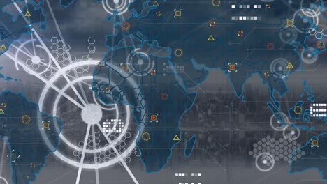procesamiento de datos y red de conexiones contra el mapa del mundo y vista aérea del paisaje urbano