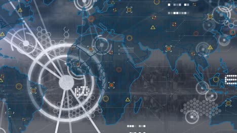 data processing and network of connections against world map and aerial view of cityscape