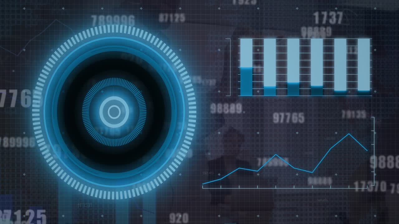 Animation of round scanner and data processing against businessman writing on whiteboard