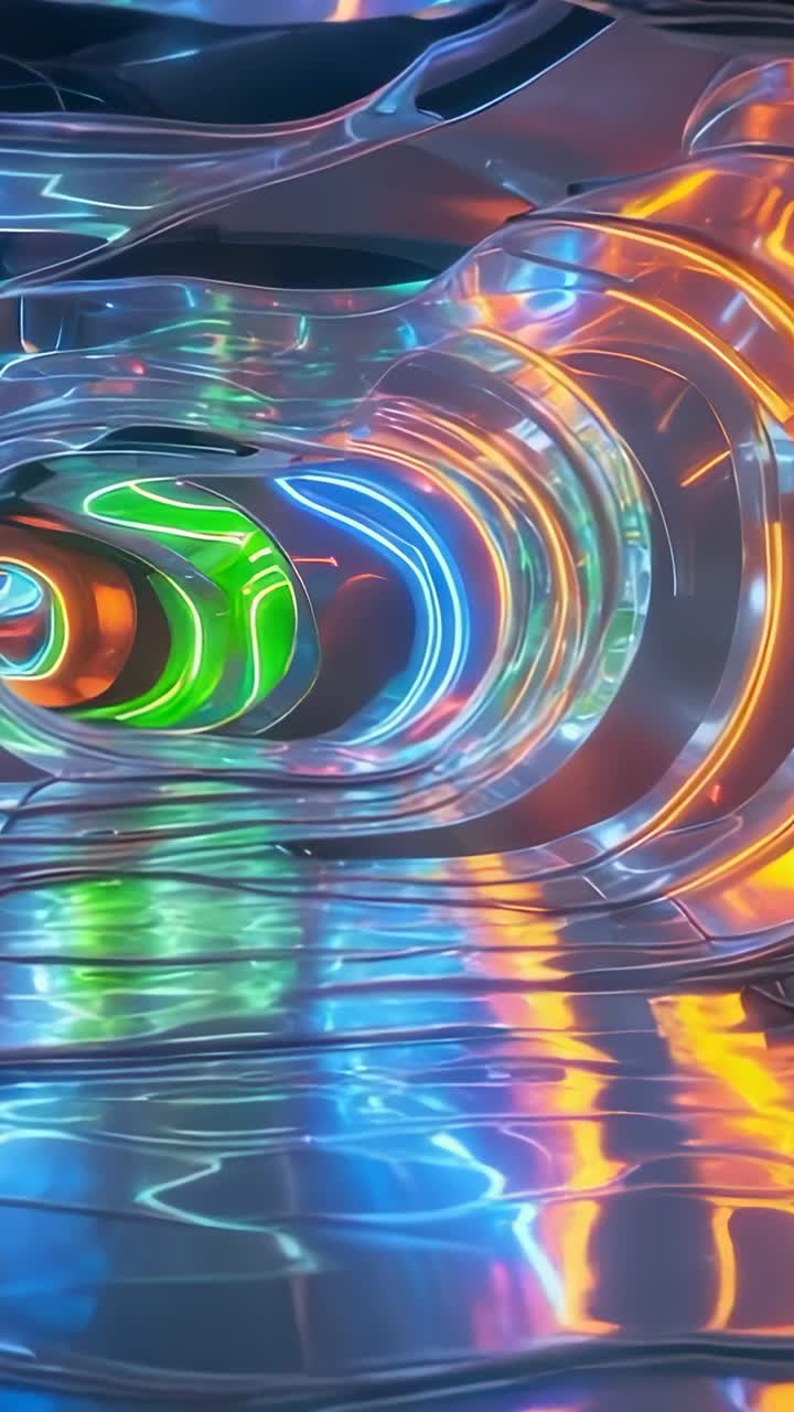 Vertical video: Camera gliding through curved mirrored tunnel with green blue orange neon lights