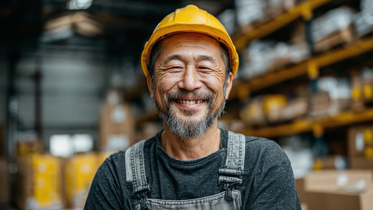 A Dedicated Worker in a Warehouse: Capturing the Journey and Emotions of a Smiling Man in a Hard Hat, Reflecting Joy and Experience in His profession