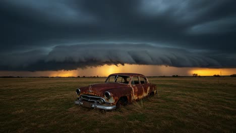 a rusting vintage car stands alone in a field under dramatic clouds and the glowing sunset, capturing the beauty of nature and decay in a gripping landscape