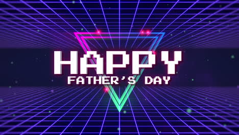 Animation-text-Happy-Fathers-day-and-neon-triangles-in-galaxy-with-grid-retro-holiday-background