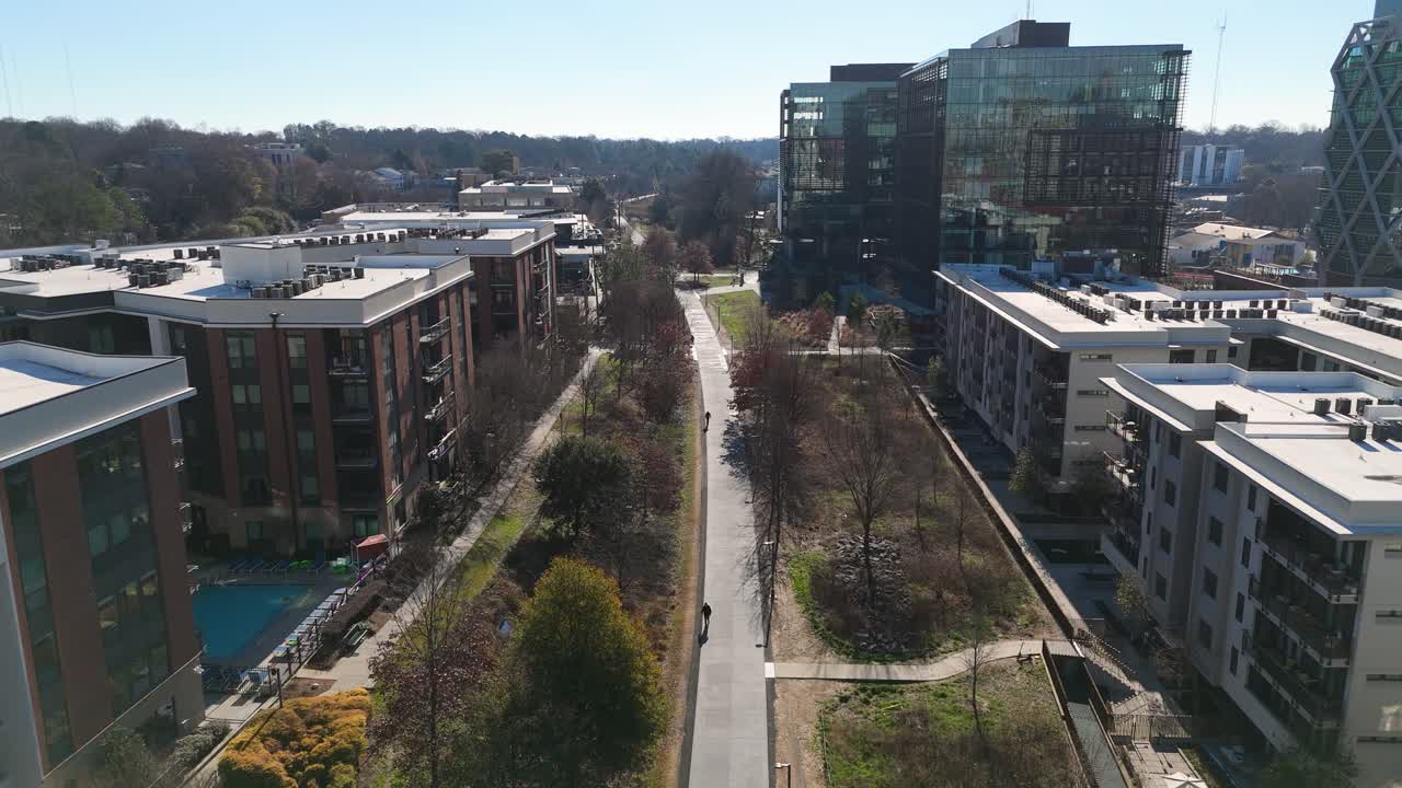 Aerial shot over The Beltline in the winter.