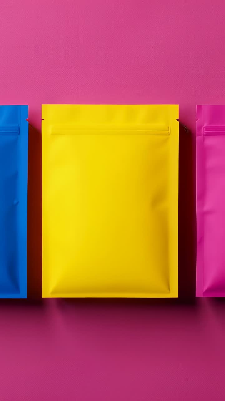 Vertical video: Opening shot showing three pouches on pink backdrop, showcasing matte finish