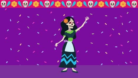 celebración del dia de los muertos con cráneo femenino y guirnaldas