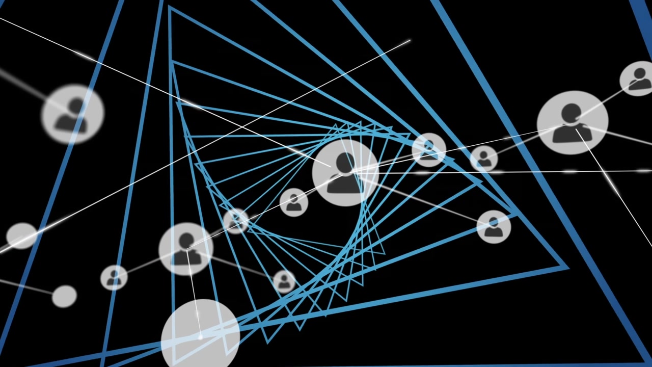 Animation of network of connections with icons over blue spiral on black background