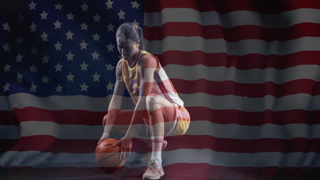 animación de la bandera de los ee.uu. sobre una jugadora de baloncesto afroamericana