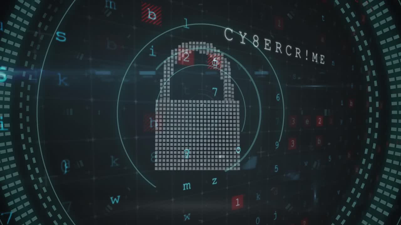 Animation of security padlock and cloud icon against cyber security data processing