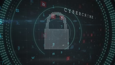 animation of security padlock and cloud icon against cyber security data processing