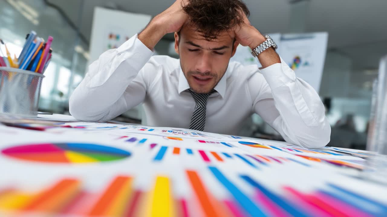 Frustration in the Office: A Young Professional Navigates Through Complex Data Visualizations and Graphs While Struggling with Overwhelming Work Pressure