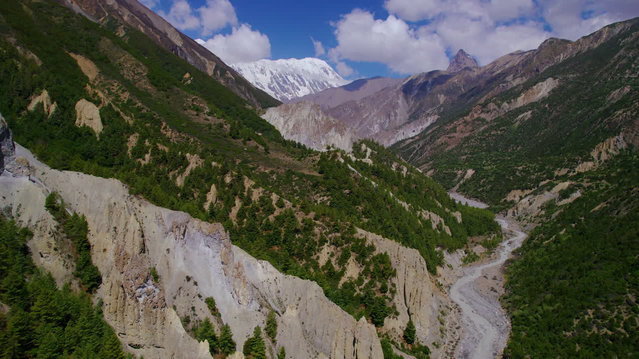 tomada de drones de paisajes con vegetación y verdor en mustang, nepal, a lo largo del río que fluye constantemente