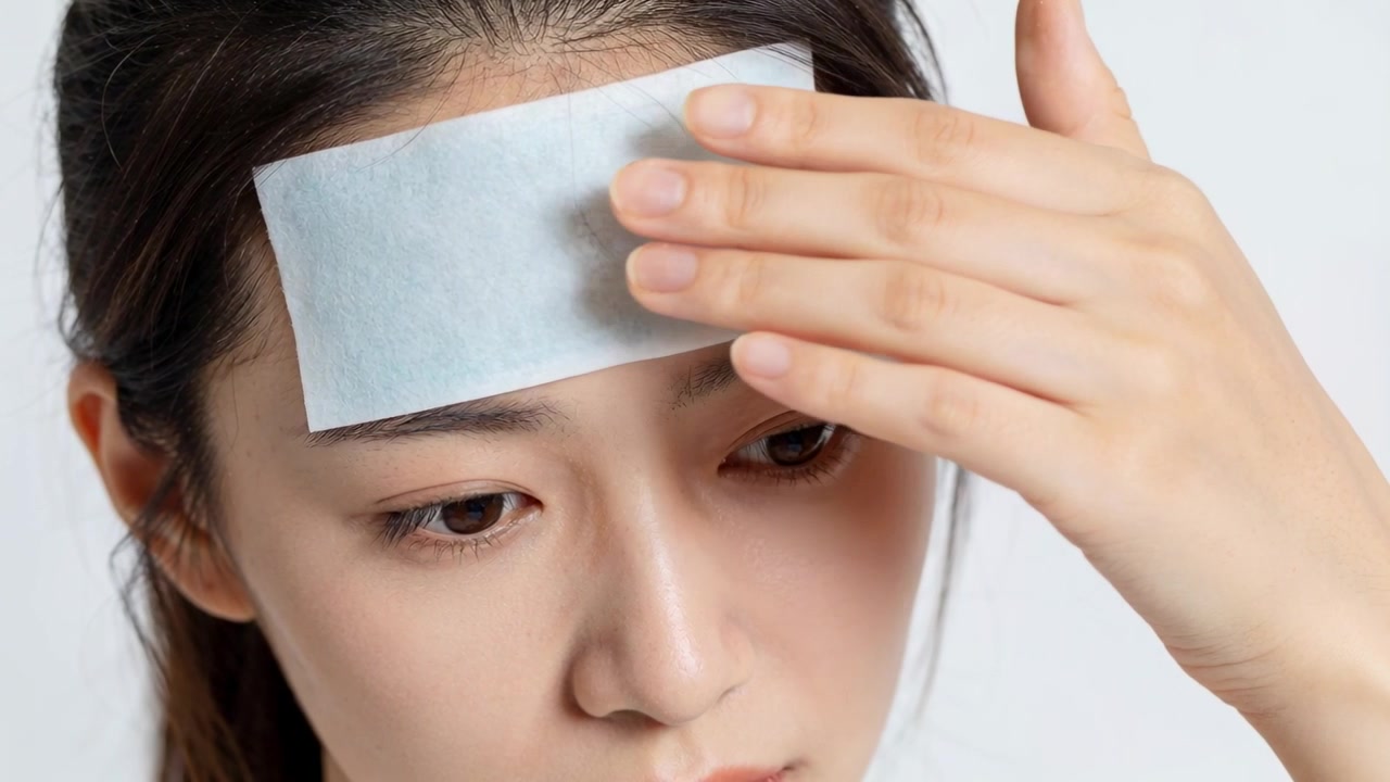 Pressing woman adjusting rectangular forehead patch with right hand in plain room ensuring adhesion