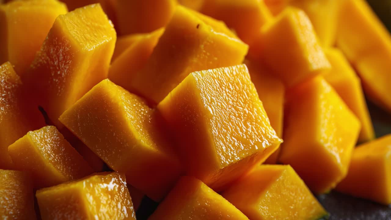 Scatti ravvicinati di cubetti di mango appena tagliati che mostrano il loro colore vivace e la consistenza succosa, evidenziando la deliziosità e l'attrattiva di questo frutto tropicale