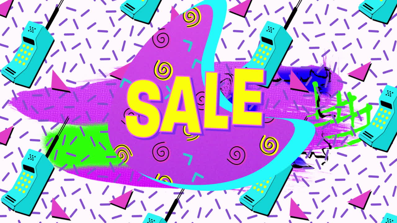 백색 배경에 끊임없는 패턴으로 여러 전화 아이콘에 대한 보라색 배너에 판매 텍스트