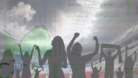 animation of graphs and data processing on interface over sports fans at stadium with cloudy sky