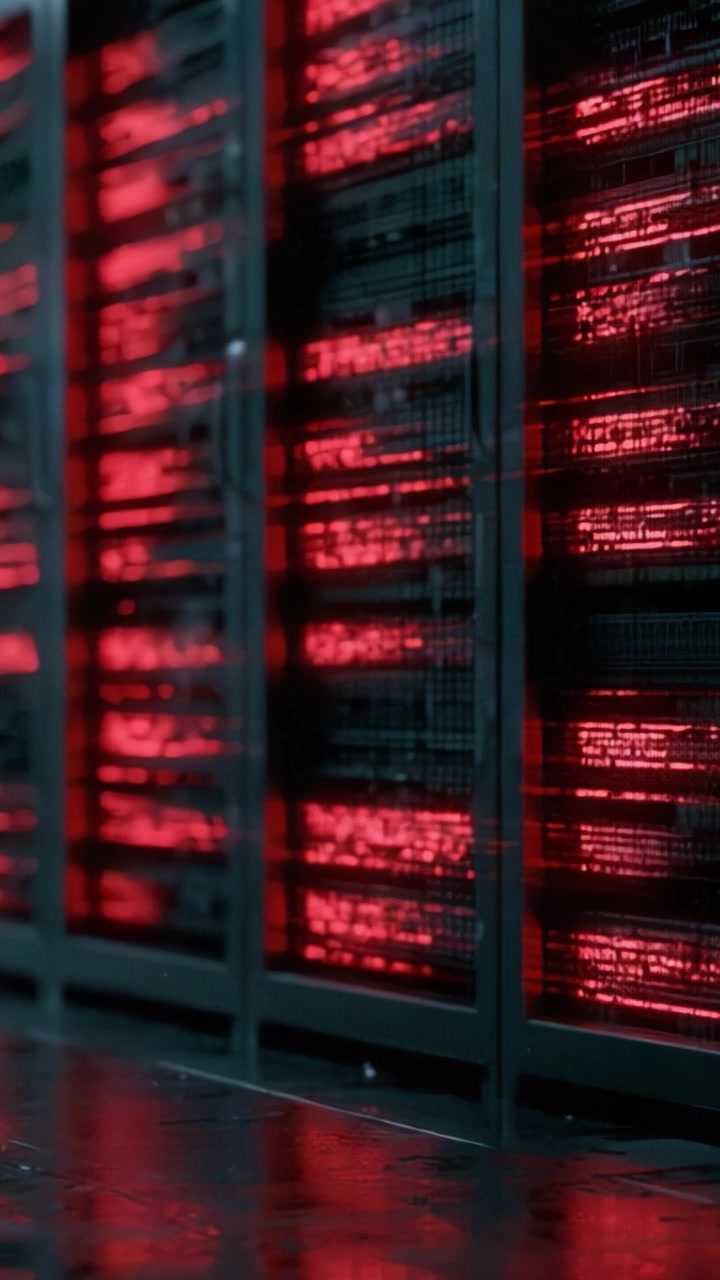 A Futuristic Data Center with Striking Red Lighting, Showcasing High-Technology Server Racks and an Atmosphere of Digital Connectivity and Enhanced Network Performance