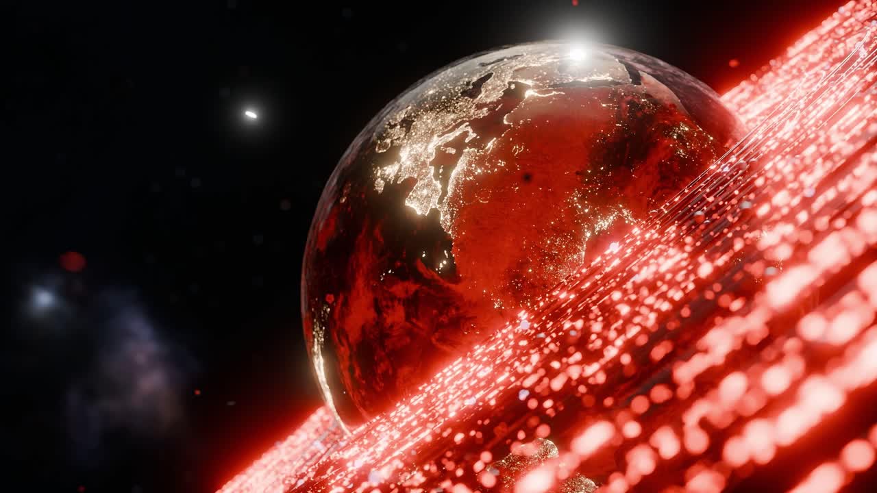Glowing Earth showing illuminated Africa with red digital particles in outer space. 3D rendering with night lights and energy wave. Futuristic technology and global connection concept