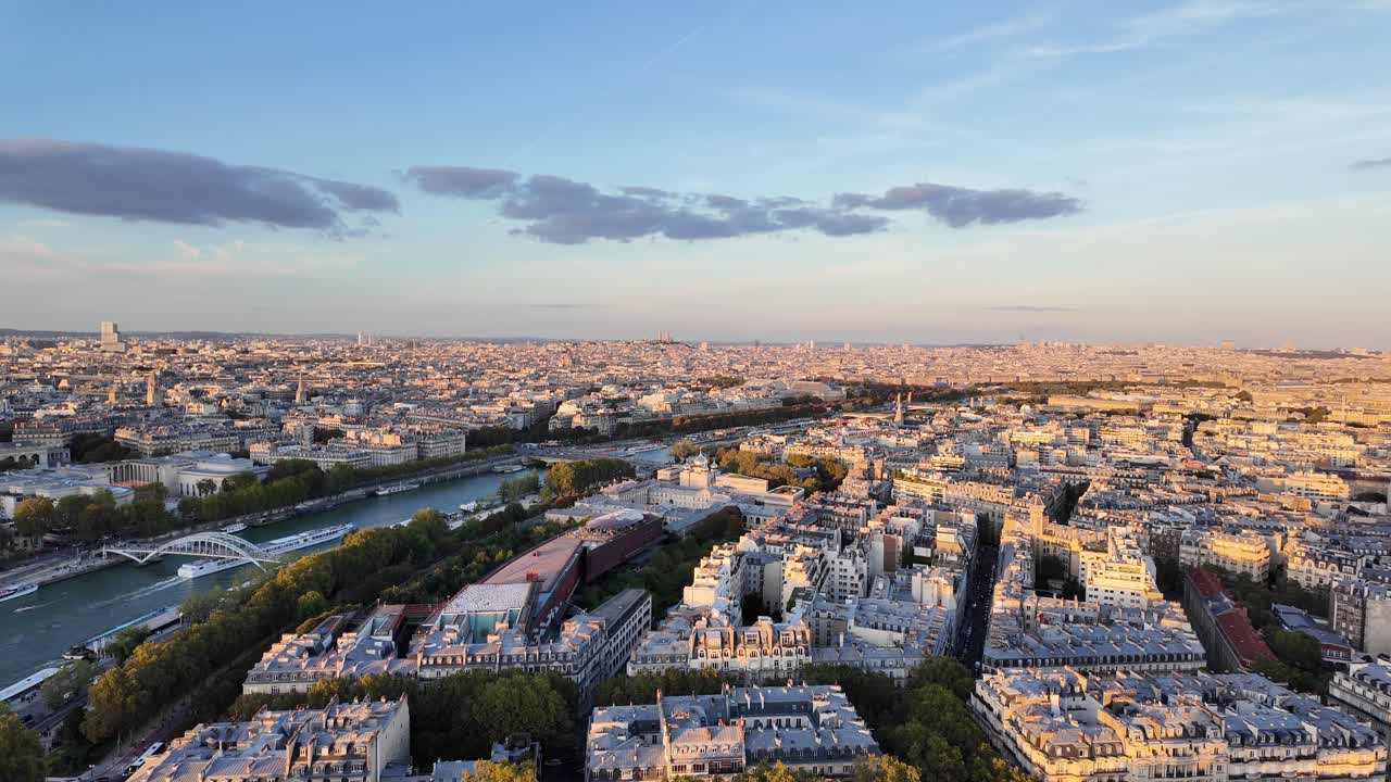 Paris city skyline France, buildings at sunset, Seine river beautiful Europe travel