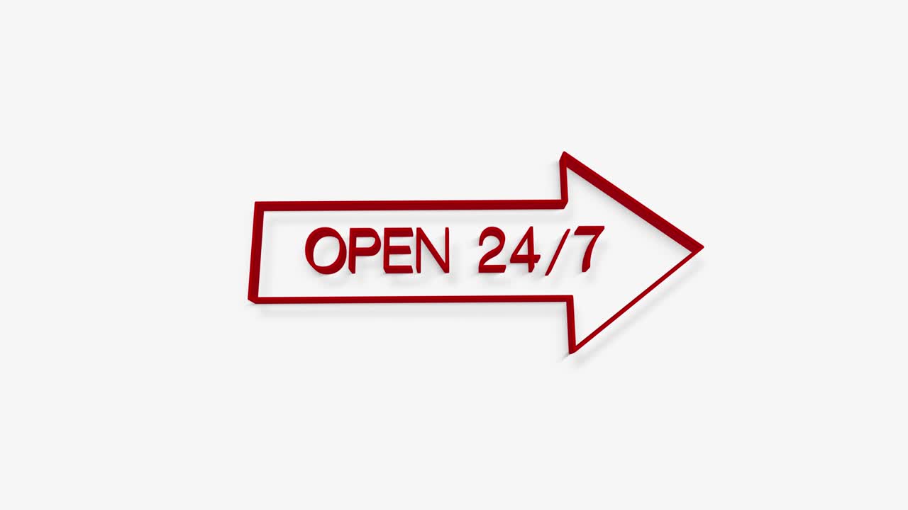 Señales de abierto 24/7 con flecha roja que muestran negocio abierto y soporte disponible. 4k