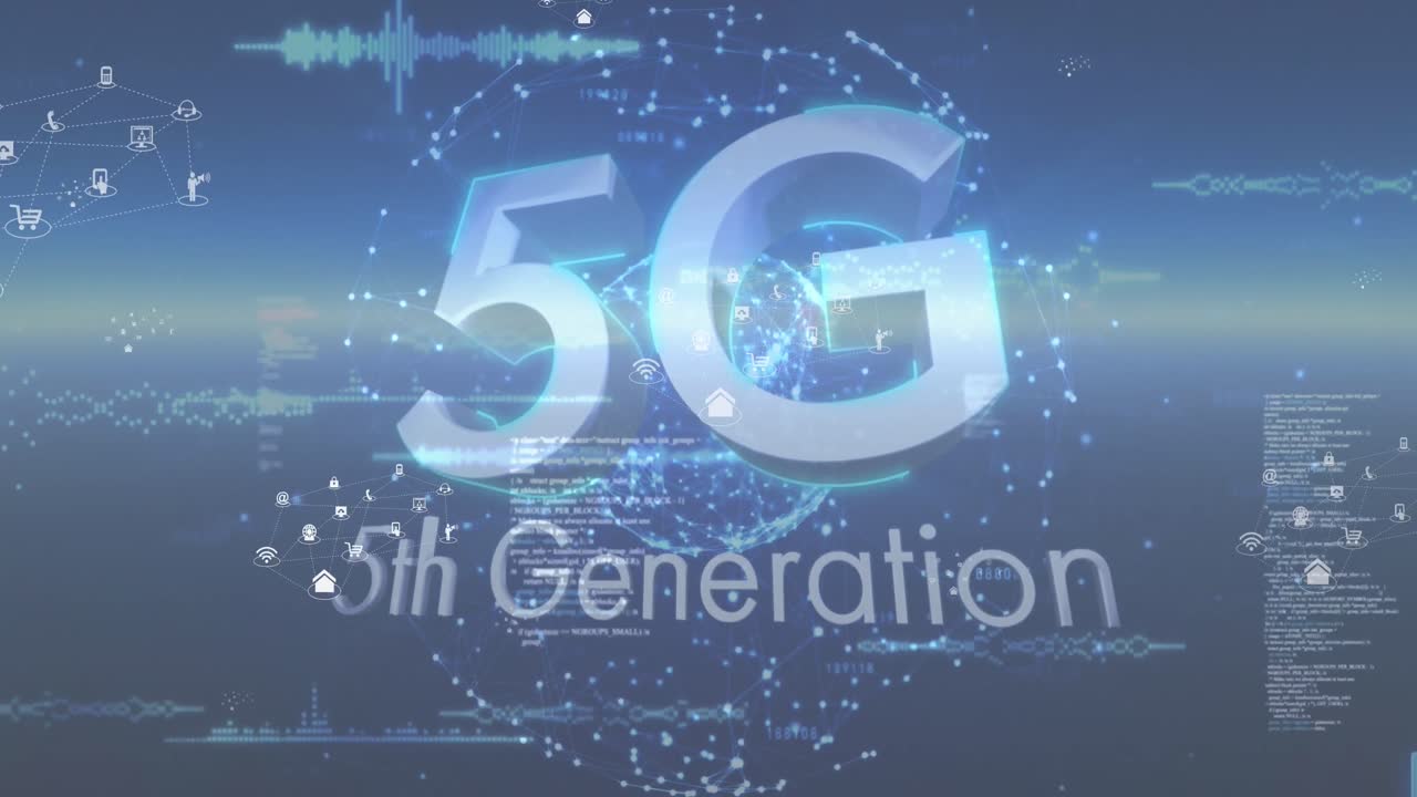 animación de iconos, procesamiento de datos y 5g sobre globo y fondo azul