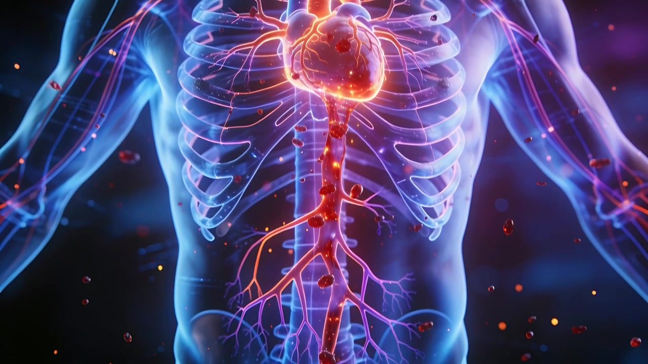 Battito cardiaco che inizia in un busto trasparente, mostrando il flusso dal cuore nell'aorta e nelle iliache in uno studio a scopo educativo.