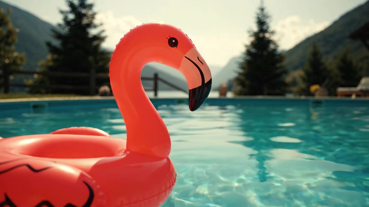 An inviting scene featuring a vibrant pink flamingo float resting by a clear blue swimming pool surrounded by lush greenery and mountains in the distance.