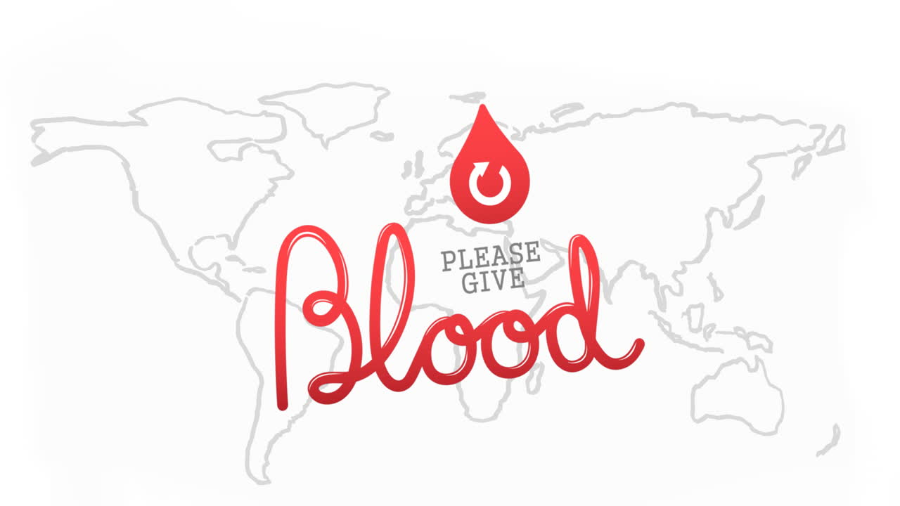 animación del logotipo de la donación de sangre y el texto sobre el mapa del mundo