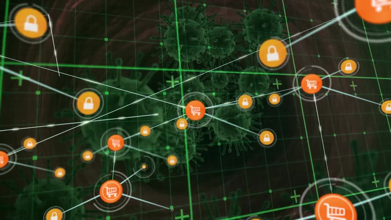 animación de la red de conexiones y células de covid 19 flotantes