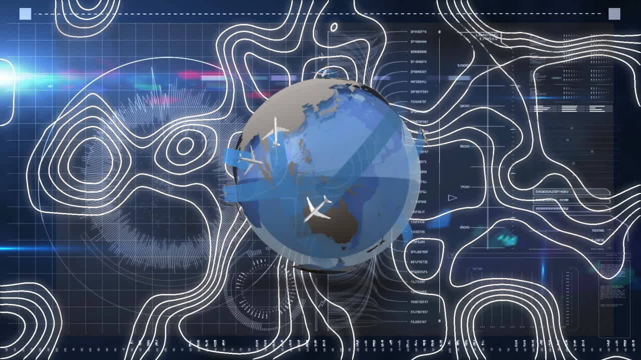 Animation of globe rotating over interface with data processing and topographical chart