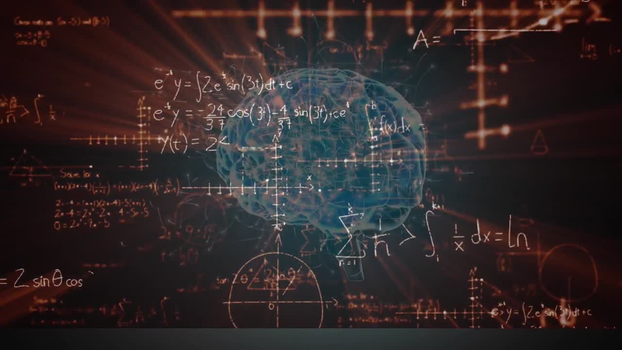 animación del cerebro humano girando sobre ecuaciones matemáticas en la pizarra negra