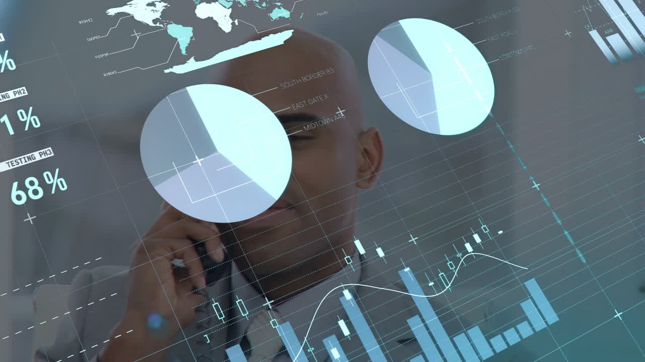 Analyzing financial data, businessman on phone with animation of graphs overlaying