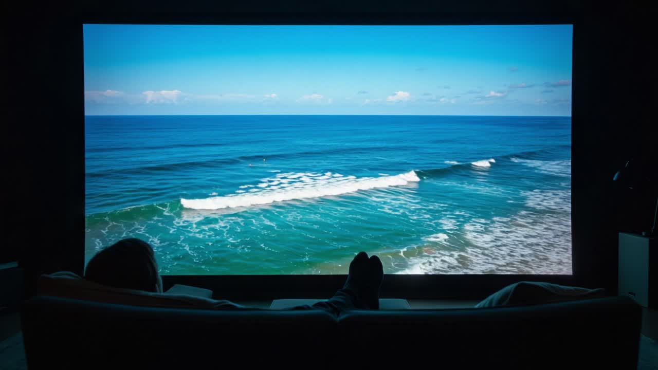 Relaxing View of Majestic Ocean Waves on a Large Screen: Embracing Serenity and Calmness in a Cozy Living Room Environment