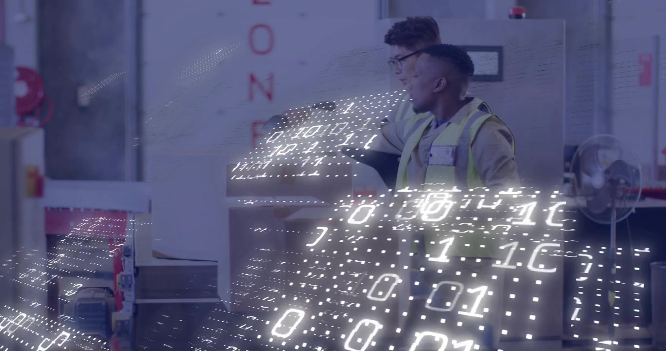 Workers scanning boxes in packing, activating scanner, confirming orders with overlay growing