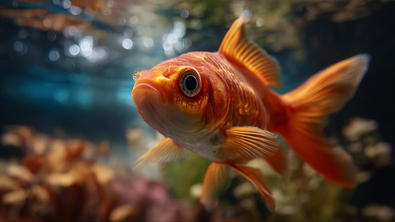 Primo piano accattivante di un vivace pesce rosso che nuota con grazia in una scena subacquea con piante colorate e bolle scintillanti sopra la sua pelle argentea