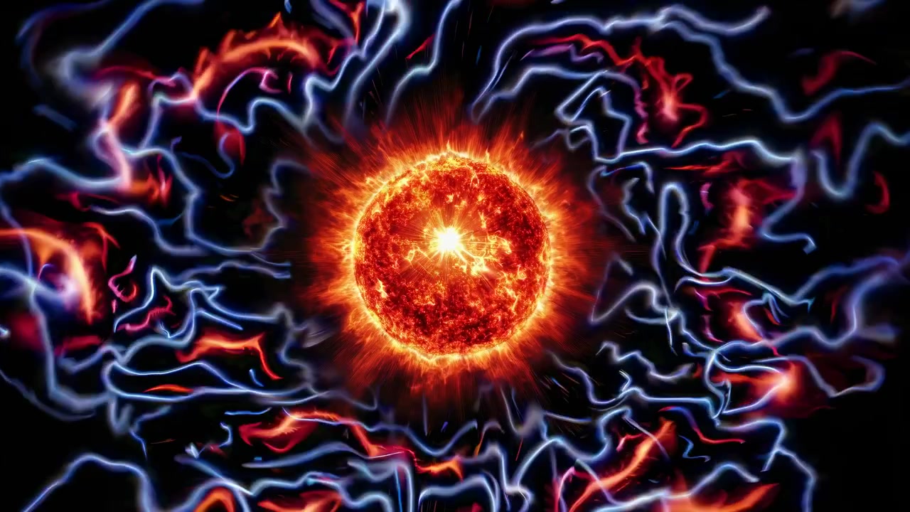 Animazione astratta di un sole luminoso circondato da energia elettrica